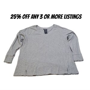Gray V-Neck Sweater Size L Lightweight Longsleeve Flowy Ribbed Neutral Shirt Top